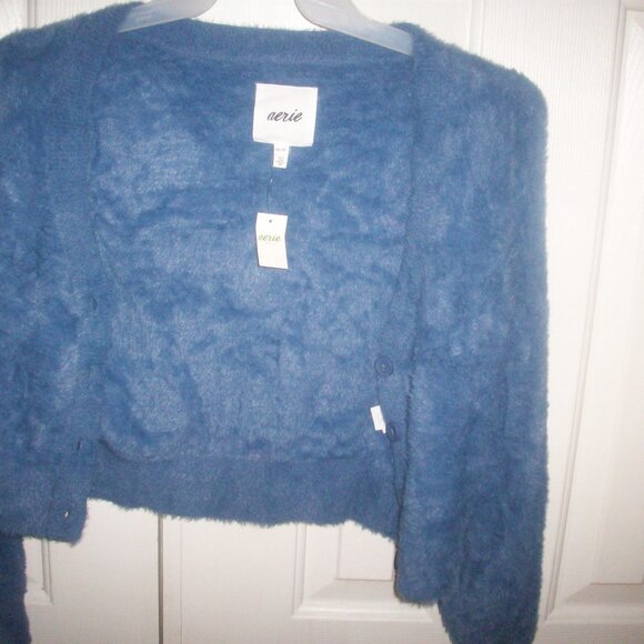 Aerie Cropped Fluffy Cardigan Sweater Size XS Top Blue Long Sleeve Womens NWT - Picture 6 of 9